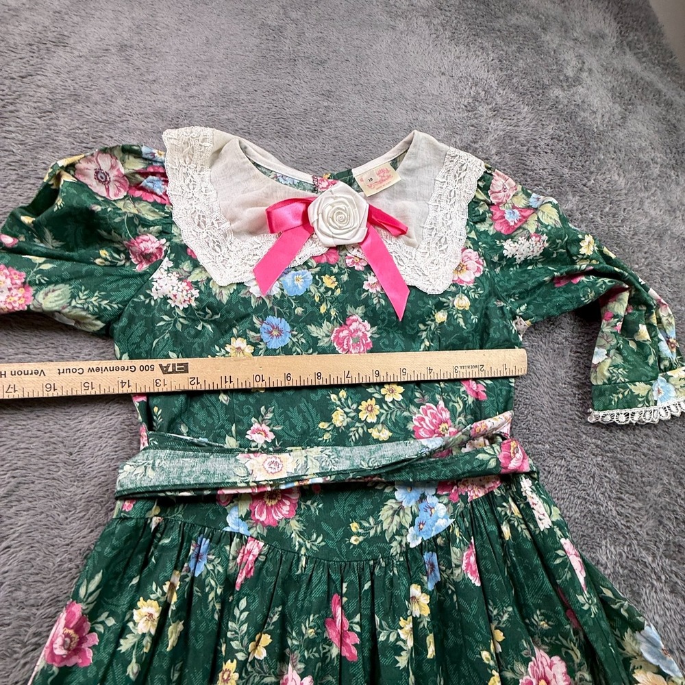 Vintage 80s Pretty N Pink Girls Dress Sz 10 Green Floral Lace Collar Cottagecore - Picture 5 of 6